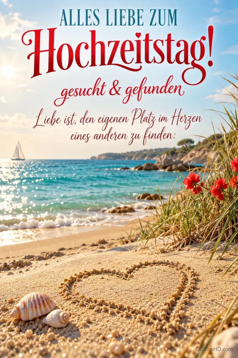 Ein Herz im Sand, Muscheln und rote Blumen am Meer begleiten den Gruß "Alles Liebe zum Hochzeitstag!".