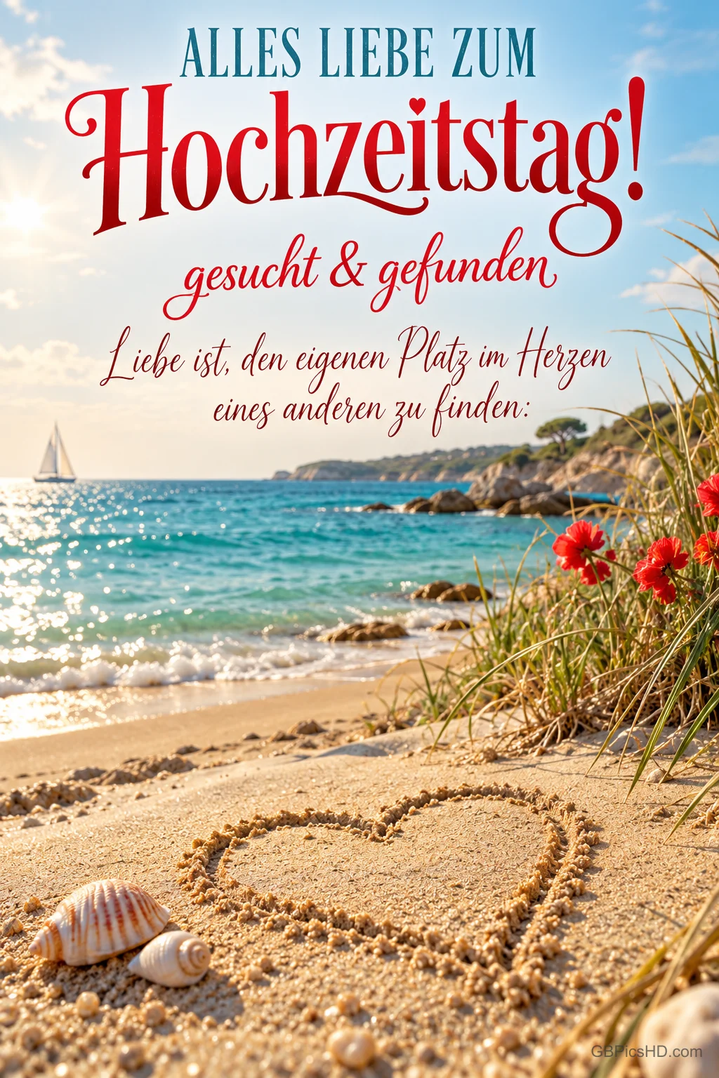 Ein Herz im Sand, Muscheln und rote Blumen am Meer begleiten den Gruß "Alles Liebe zum Hochzeitstag!".