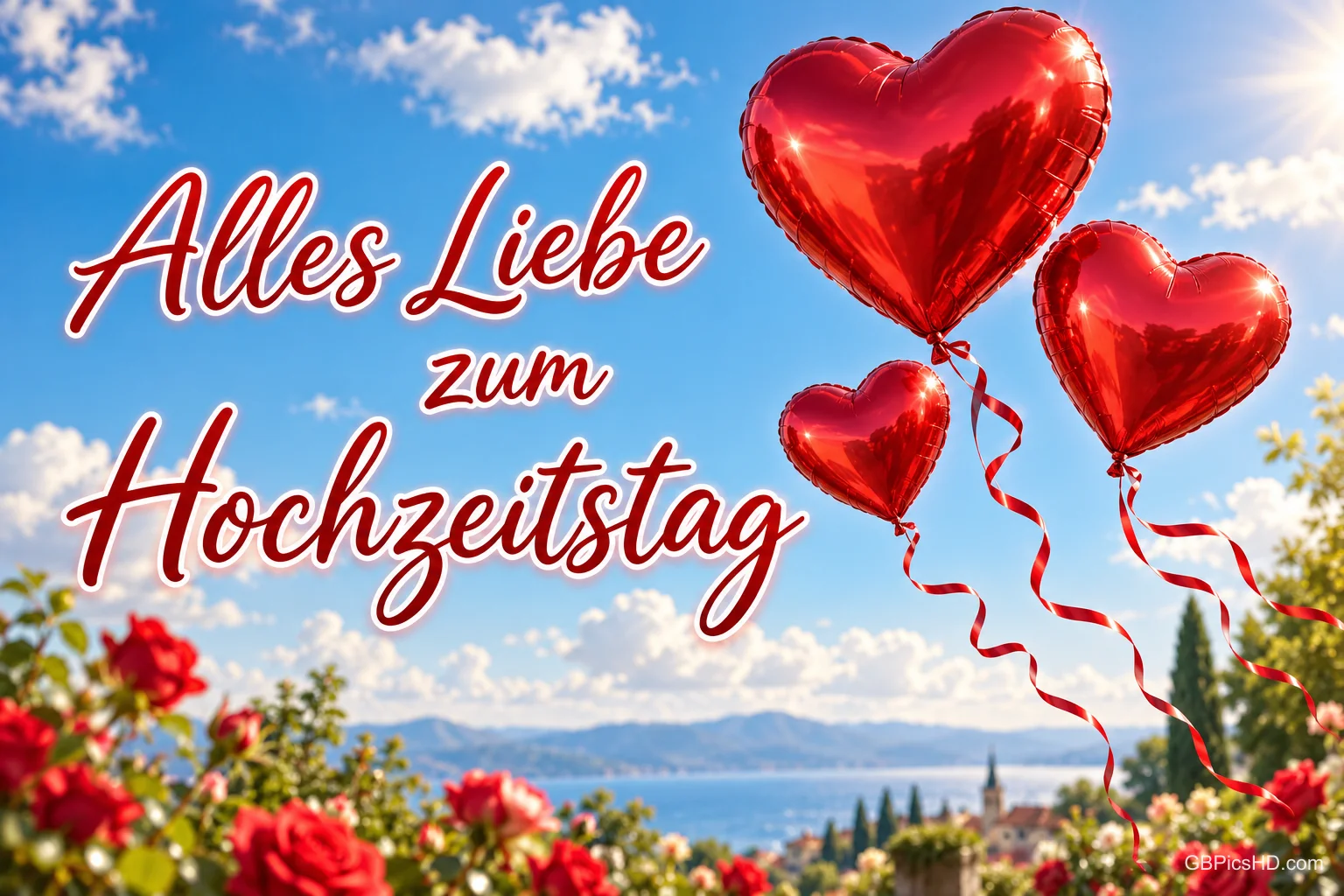 Drei rote Herzballons schweben über Rosen vor einem See unter blauem Himmel mit "Alles Liebe zum Hochzeitstag".