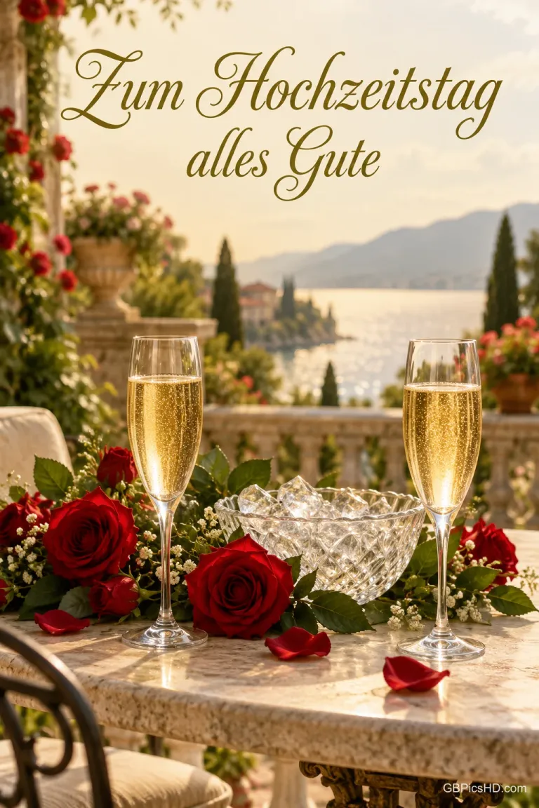 Zwei Sektgläser, rote Rosen und eine Glasschale stehen auf einer Terrasse am See unter "Zum Hochzeitstag alles Gute".