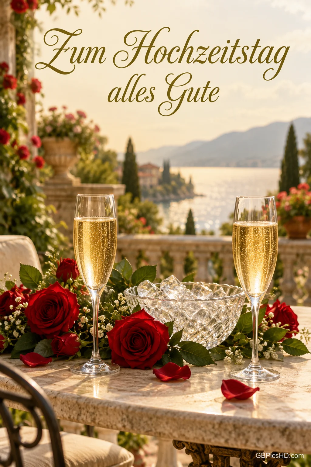 Zwei Sektgläser, rote Rosen und eine Glasschale stehen auf einer Terrasse am See unter "Zum Hochzeitstag alles Gute".