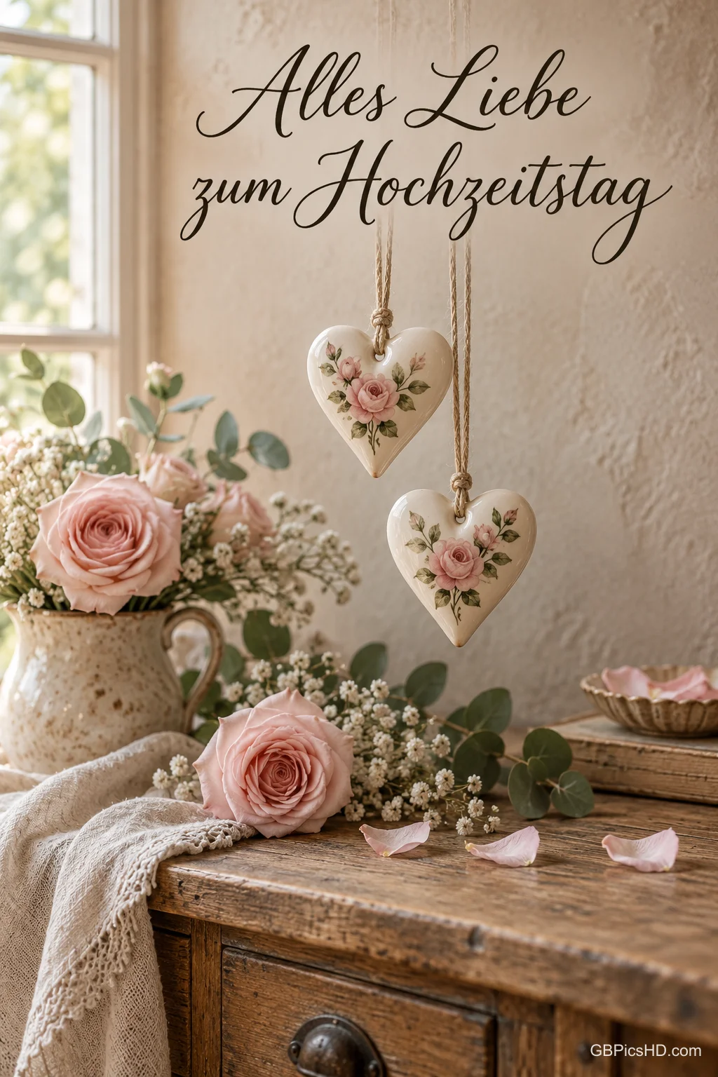 Zwei geblümte Herzanhänger hängen über rosa Rosen auf einem Holztisch unter "Alles Liebe zum Hochzeitstag".