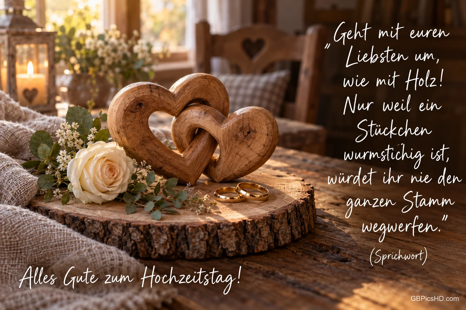 Zwei Holzherzen, eine weiße Rose und Eheringe auf einer Baumscheibe begleiten "Alles Gute zum Hochzeitstag!".