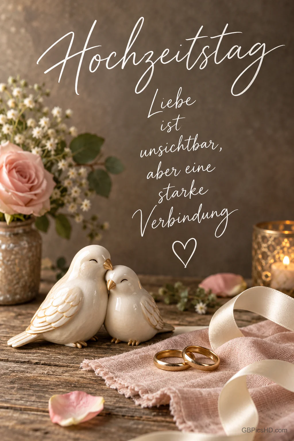 Zwei weiße Vogelfiguren stehen neben Trauringen und einer Kerze: "Hochzeitstag Liebe ist unsichtbar, aber eine starke Verbindung ♡".