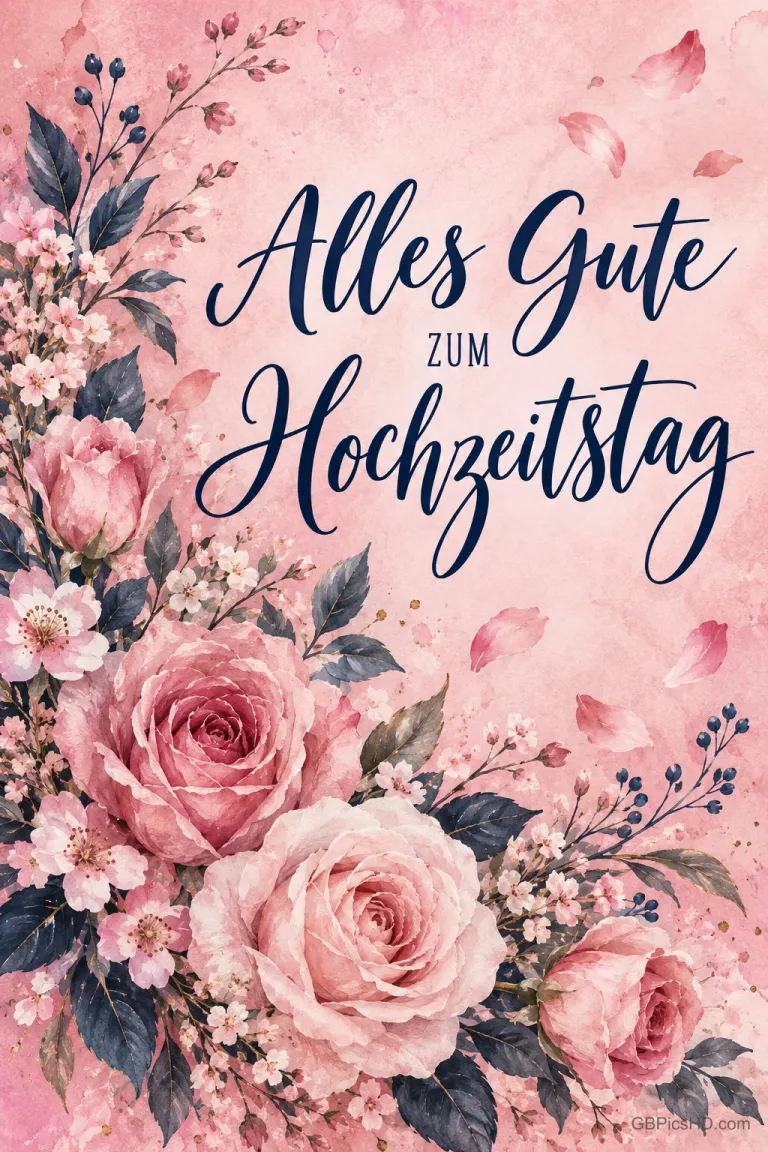 Rosa Aquarellrosen, dunkle Blätter und verstreute Blütenblätter umrahmen "Alles Gute zum Hochzeitstag".