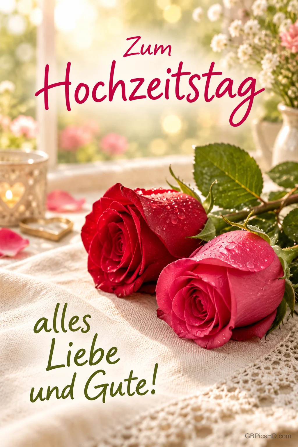 Zwei rote Rosen mit Wassertropfen liegen auf hellem Stoff am Fenster neben "Zum Hochzeitstag alles Liebe und Gute!".