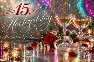 Zwei Sektgläser, rote Rosen und Kerzen stehen neben "15. Hochzeitstag Herzlichen Glückwunsch".