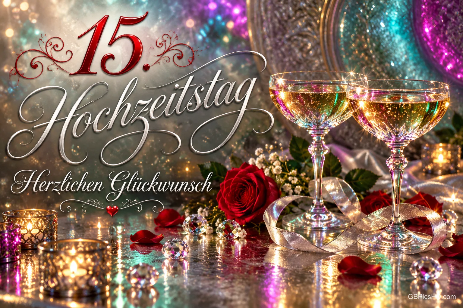 Zwei Sektgläser, rote Rosen und Kerzen stehen neben "15. Hochzeitstag Herzlichen Glückwunsch".