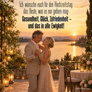 Ein Paar tanzt auf einer Terrasse am See mit dem Wunsch "Gesundheit, Glück, Zufriedenheit – und das in alle Ewigkeit!".
