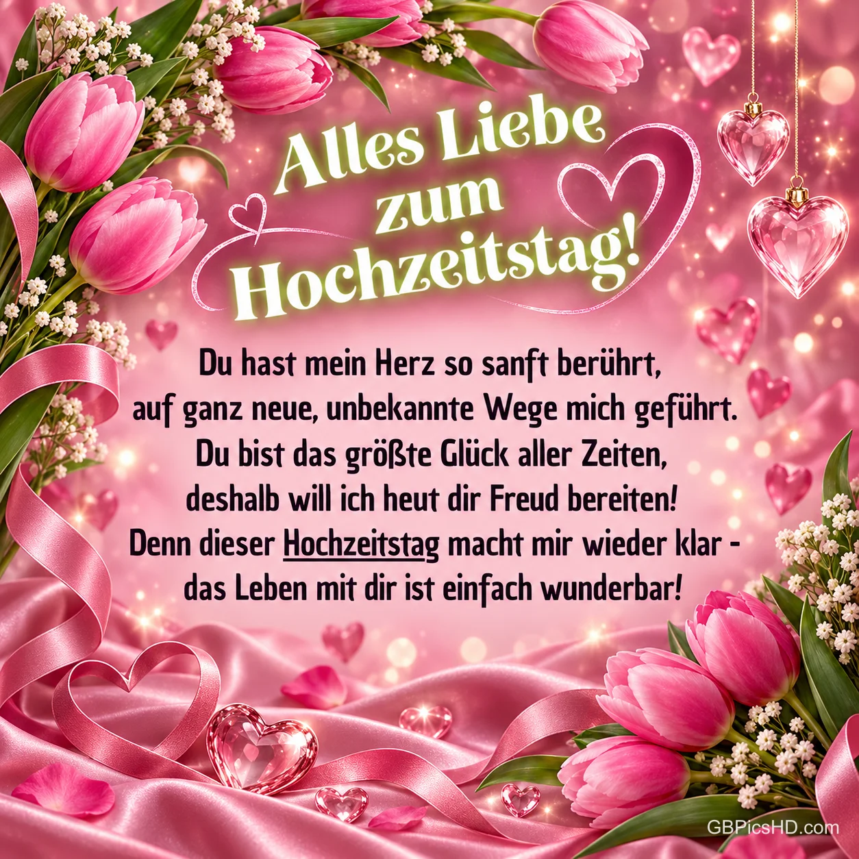 Rosa Tulpen, Satinbänder und gläserne Herzen umrahmen den Gruß "Alles Liebe zum Hochzeitstag!".