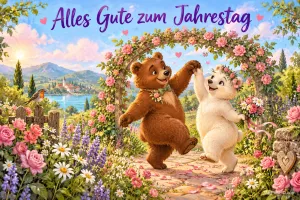 Zwei Bären tanzen unter einem Rosenbogen vor einer Seelandschaft zum Gruß "Alles Gute zum Jahrestag".