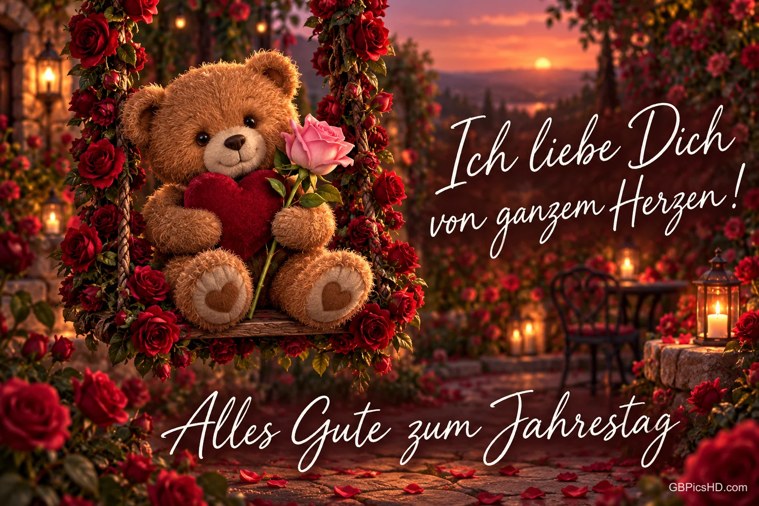 Ein Teddybär sitzt mit Herz und Rose auf einer Rosenschaukel neben "Ich liebe Dich von ganzem Herzen!".