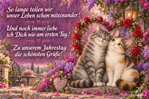 Zwei Katzen kuscheln unter einem Rosenherz neben "Zu unserem Jahrestag die schönsten Grüße!".