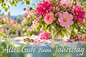 Ein Blumenstrauß in einer Glasvase und zwei goldene Ringe schmücken den Tisch mit "Alles Gute zum Jahrestag".