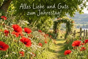Rote Mohnblumen säumen einen Gartenweg unter dem Gruß "Alles Liebe und Gute zum Jahrestag!".