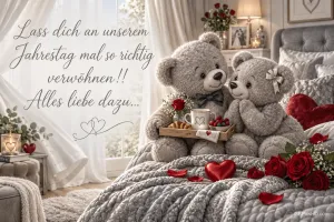 Zwei Teddybären im Bett mit Frühstück und Rosen: "Lass dich an unserem Jahrestag mal so richtig verwöhnen!! Alles Liebe dazu...".