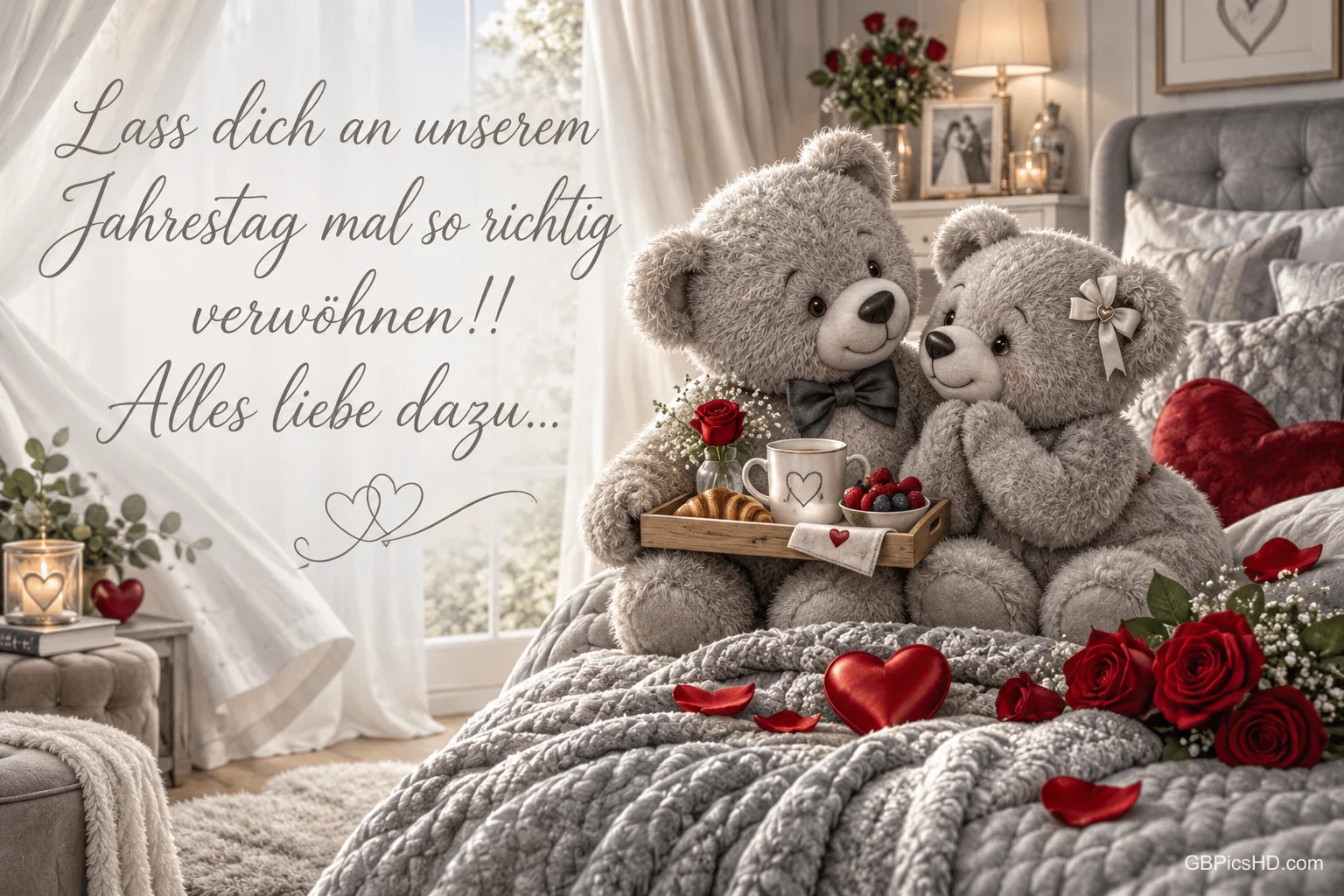 Zwei Teddybären im Bett mit Frühstück und Rosen: "Lass dich an unserem Jahrestag mal so richtig verwöhnen!! Alles Liebe dazu...".