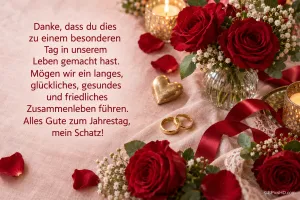 Rote Rosen, Kerzen, goldene Ringe und ein Herz auf rosa Stoff mit "Alles Gute zum Jahrestag, mein Schatz!".