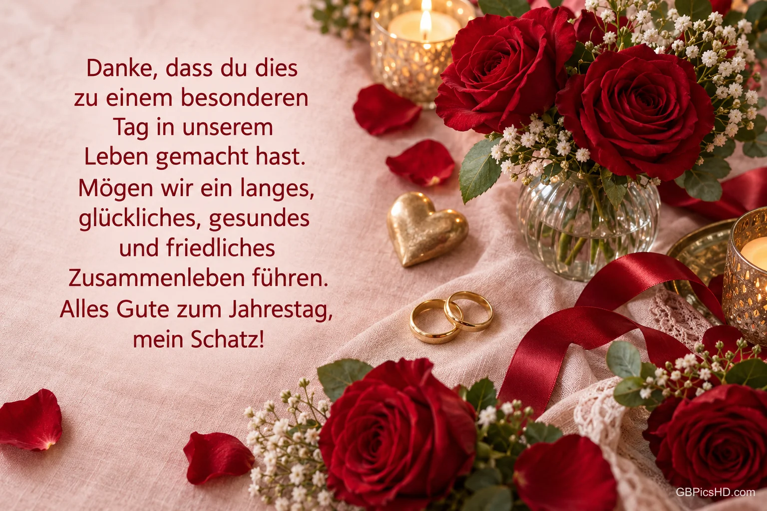 Rote Rosen, Kerzen, goldene Ringe und ein Herz auf rosa Stoff mit "Alles Gute zum Jahrestag, mein Schatz!".