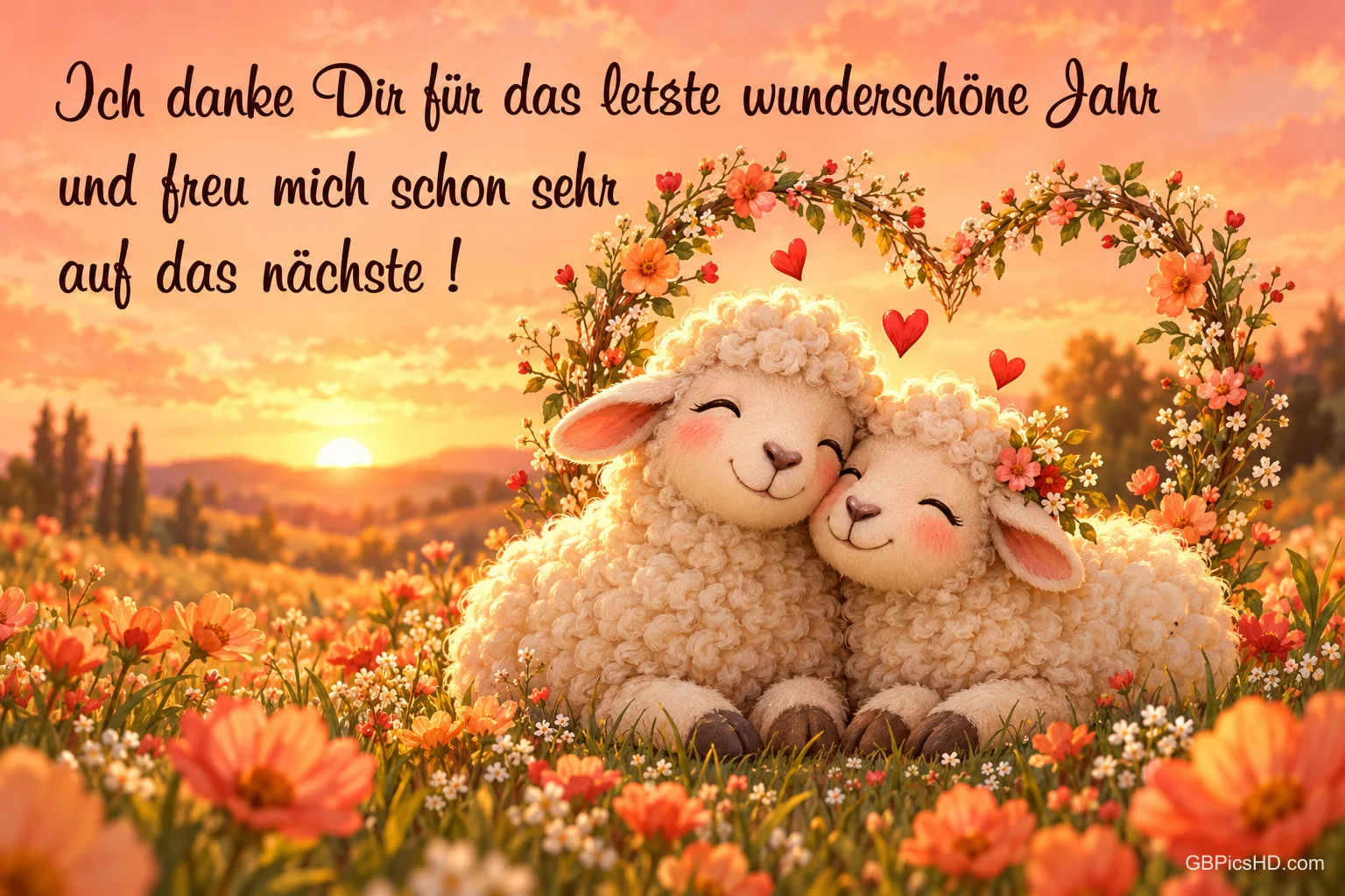 Zwei Lämmer unter einem Blütenherz: "Ich danke Dir für das letzte wunderschöne Jahr und freu mich schon sehr auf das nächste!".