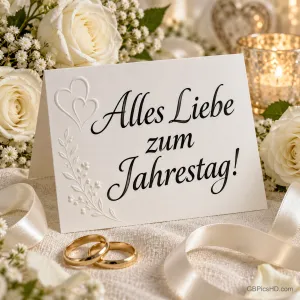 Eine Karte mit "Alles Liebe zum Jahrestag!" steht zwischen weißen Rosen, Kerzen, Satinband und goldenen Ringen.