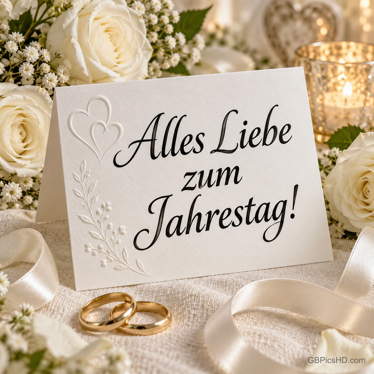 Eine Karte mit "Alles Liebe zum Jahrestag!" steht zwischen weißen Rosen, Kerzen, Satinband und goldenen Ringen.