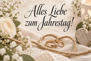 Goldene Ringe in einem Herz aus Schnur, weiße Rosen und ein Holzherz begleiten "Alles Liebe zum Jahrestag!".