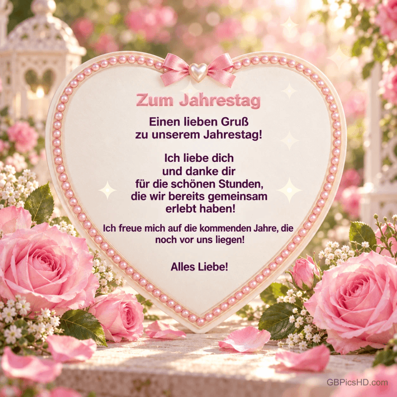 Ein perlenverziertes Herz mit rosa Schleife steht zwischen rosa Rosen und trägt "Einen lieben Gruß zu unserem Jahrestag!".