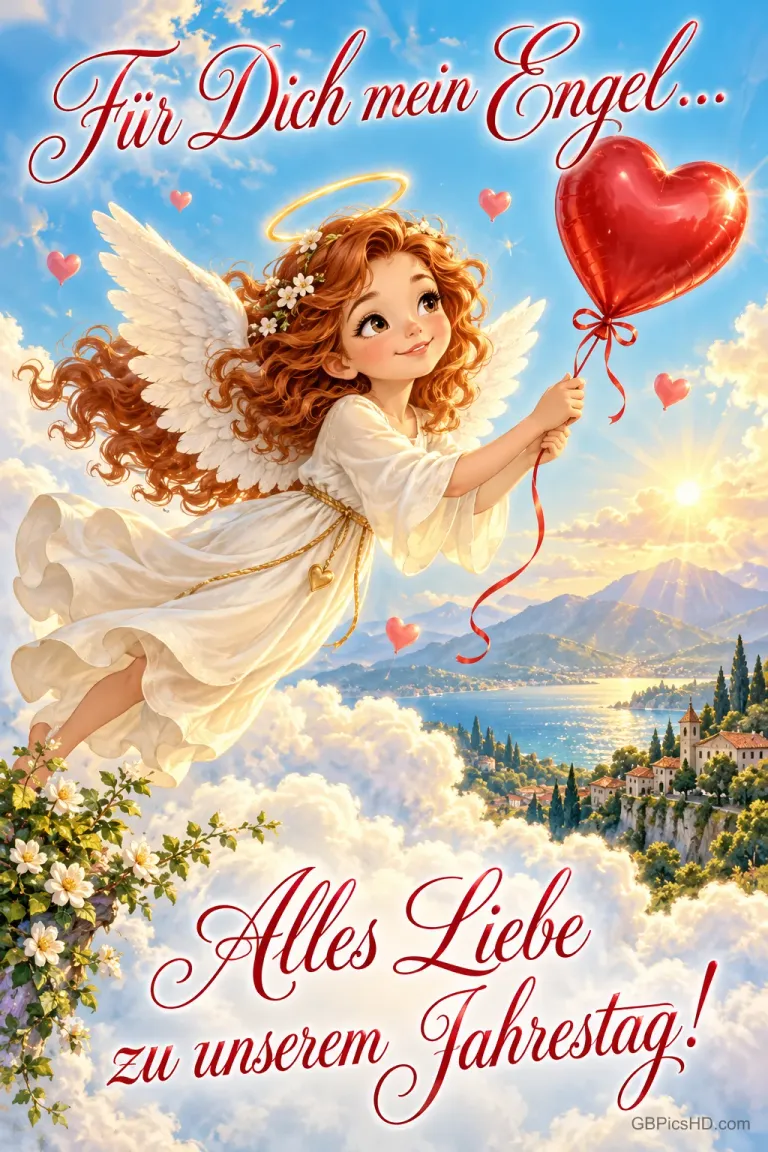 Ein rothaariger Engel fliegt mit einem roten Herzballon über einem See: "Für Dich mein Engel... Alles Liebe zu unserem Jahrestag!".