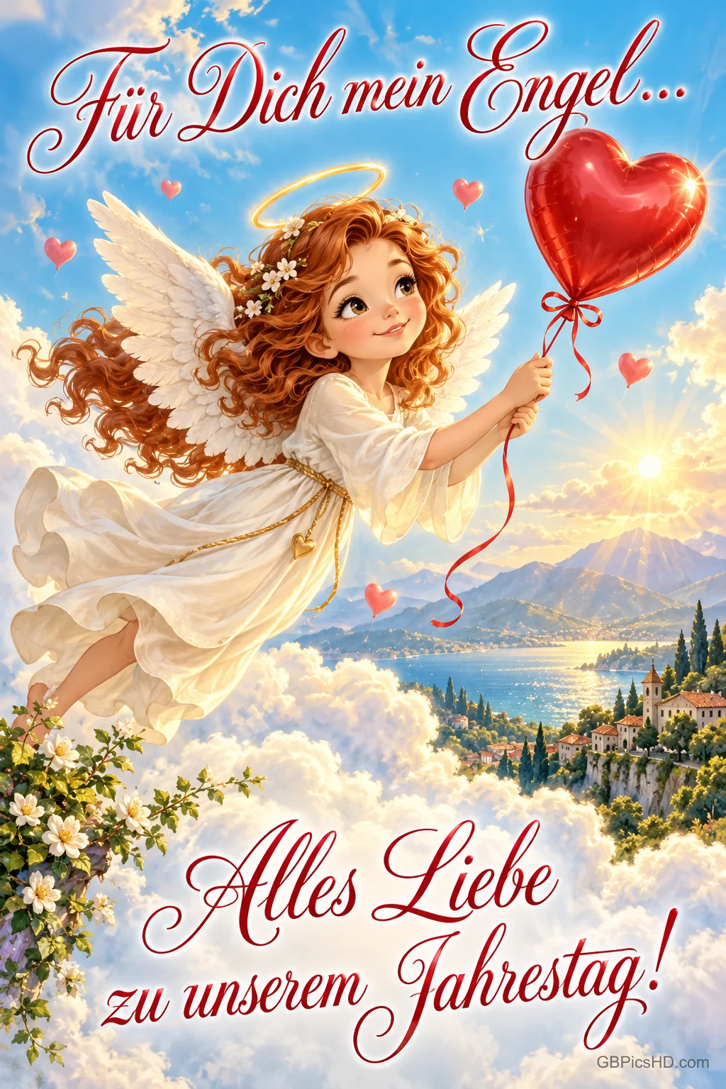 Ein rothaariger Engel fliegt mit einem roten Herzballon über einem See: "Für Dich mein Engel... Alles Liebe zu unserem Jahrestag!".
