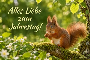Ein Eichhörnchen hält eine Nuss auf einem bemoosten Ast neben dem Gruß "Alles Liebe zum Jahrestag!".
