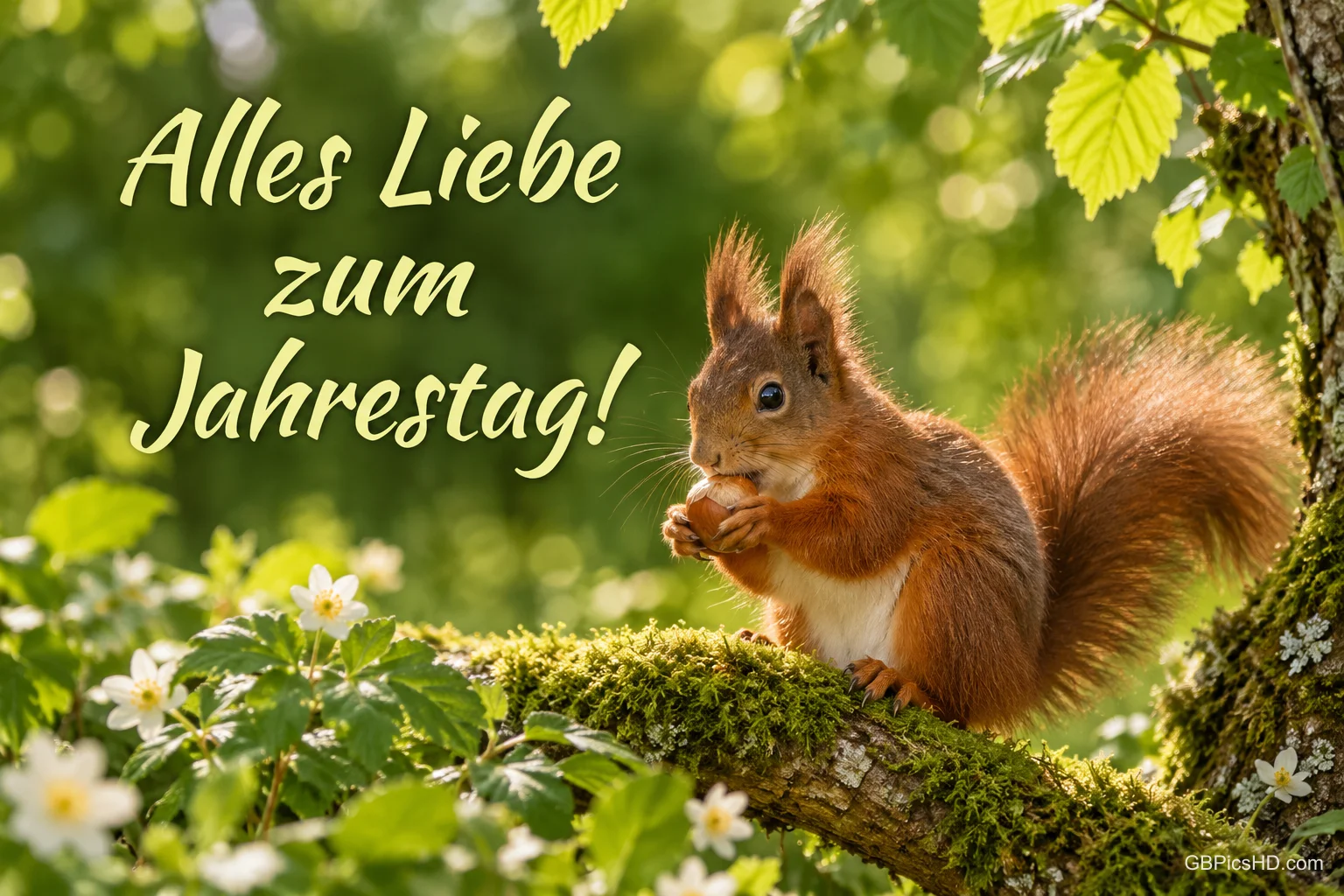 Ein Eichhörnchen hält eine Nuss auf einem bemoosten Ast neben dem Gruß "Alles Liebe zum Jahrestag!".