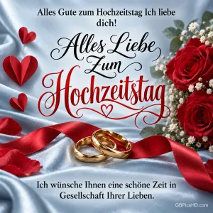 Goldene Eheringe, rote Rosen und Herzen auf silberblauem Satin umrahmen den Gruß "Alles Liebe zum Hochzeitstag".