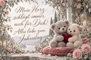 Zwei Teddybären halten ein rotes Herz zwischen Rosen und Laternen neben "Mein Herz schlägt immer noch für Dich!".