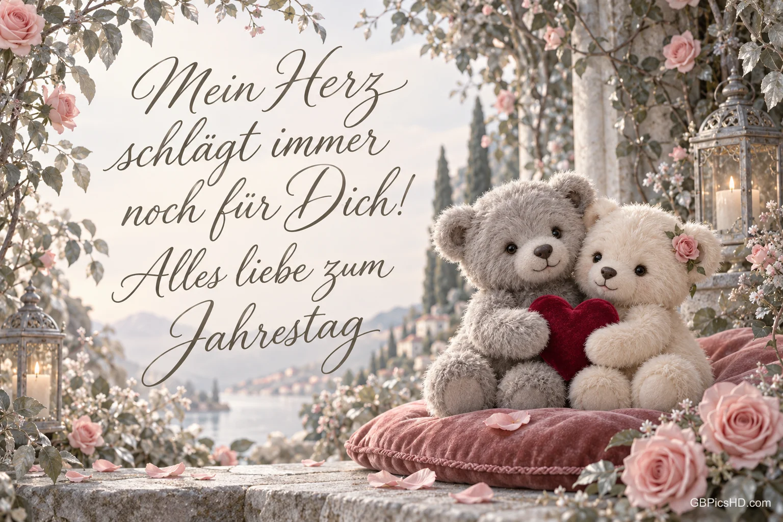 Zwei Teddybären halten ein rotes Herz zwischen Rosen und Laternen neben "Mein Herz schlägt immer noch für Dich!".