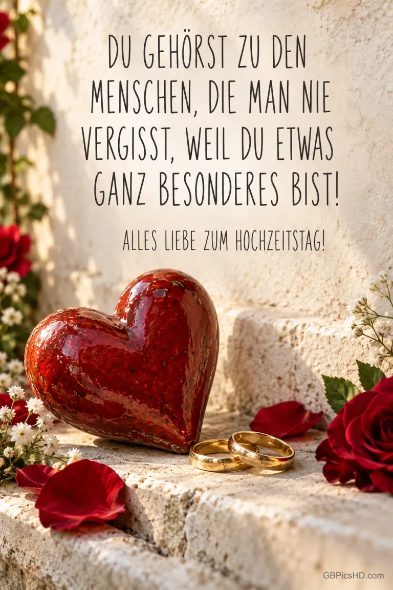 Ein rotes Herz und goldene Eheringe liegen mit Rosen auf Steinstufen unter dem Gruß "Alles Liebe zum Hochzeitstag!".