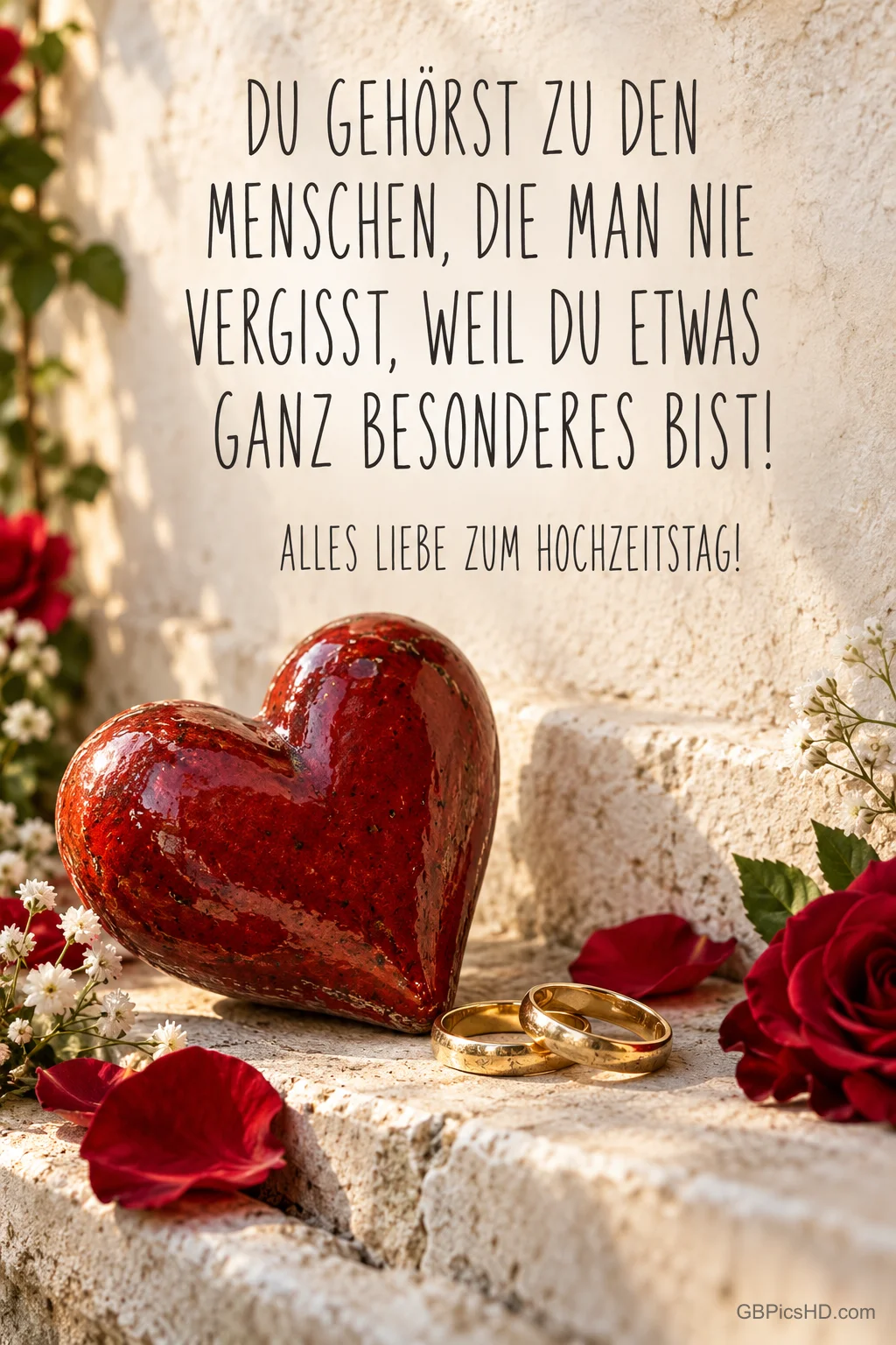 Ein rotes Herz und goldene Eheringe liegen mit Rosen auf Steinstufen unter dem Gruß "Alles Liebe zum Hochzeitstag!".