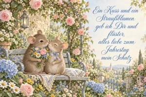 Zwei Mäuse kuscheln mit einem Blumenstrauß auf einer Gartenbank neben dem Gruß "Alles Liebe zum Jahrestag mein Schatz".