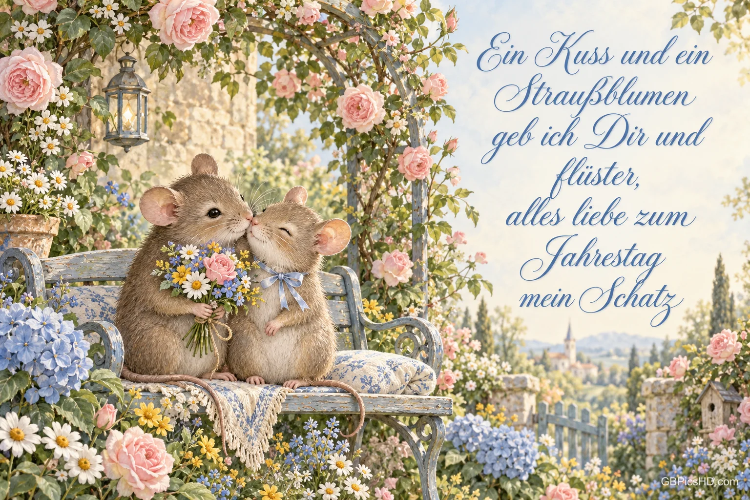 Zwei Mäuse kuscheln mit einem Blumenstrauß auf einer Gartenbank neben dem Gruß "Alles Liebe zum Jahrestag mein Schatz".