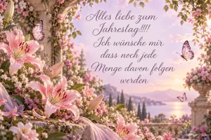 Rosa Lilien, Schmetterlinge und goldene Ringe rahmen einen Seeblick mit dem Gruß "Alles Liebe zum Jahrestag!!!!" ein.