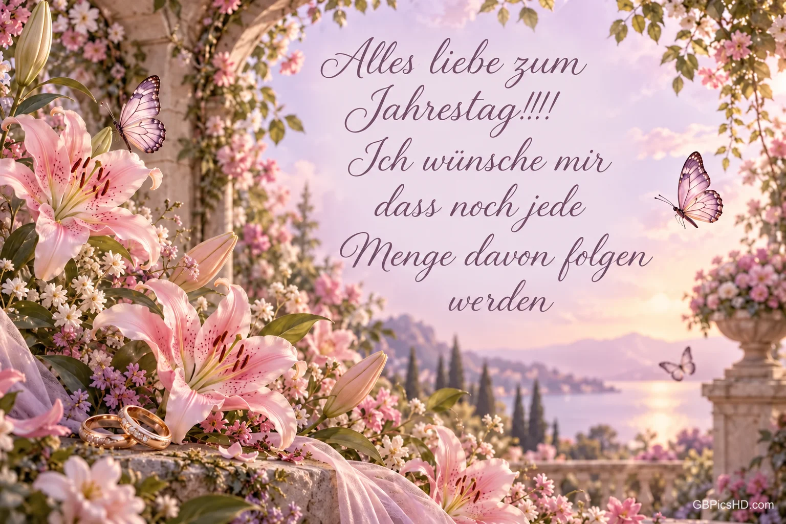 Rosa Lilien, Schmetterlinge und goldene Ringe rahmen einen Seeblick mit dem Gruß "Alles Liebe zum Jahrestag!!!!" ein.