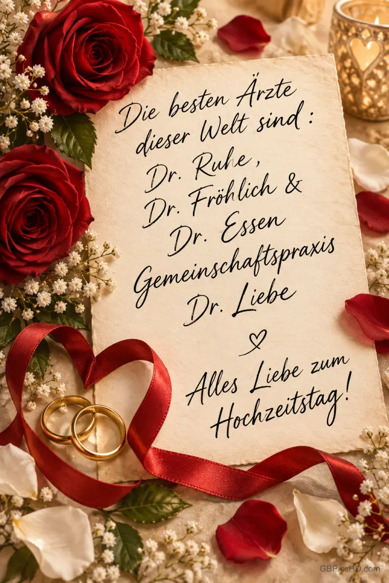 Rote Rosen, goldene Ringe und ein herzförmiges Band umgeben eine Karte mit "Alles Liebe zum Hochzeitstag!".