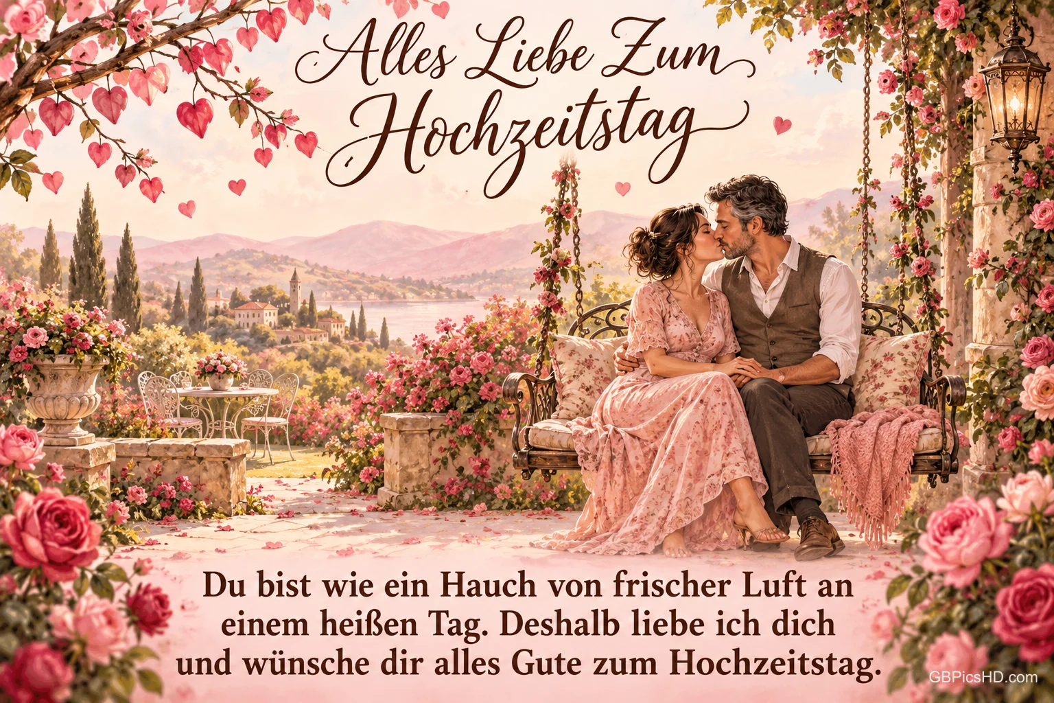 Ein Paar küsst sich auf einer rosengeschmückten Schaukel unter "Alles Liebe zum Hochzeitstag".