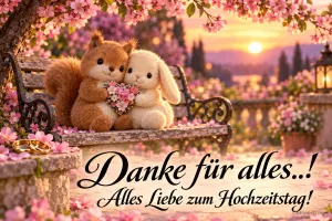 Ein plüschiges Eichhörnchen und ein Häschen halten einen Blumenstrauß auf einer Bank über "Danke für alles..!".