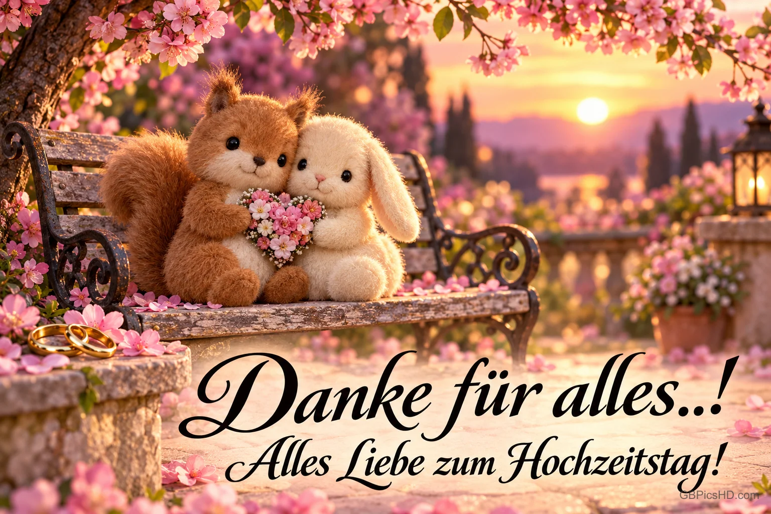 Ein plüschiges Eichhörnchen und ein Häschen halten einen Blumenstrauß auf einer Bank über "Danke für alles..!".