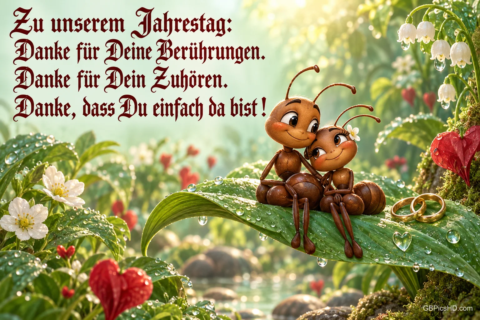 Zwei Ameisen kuscheln auf einem Blatt neben goldenen Ringen unter "Zu unserem Jahrestag:".