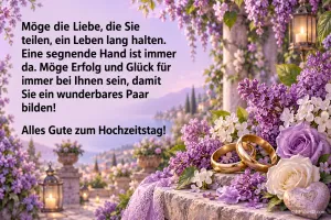 Goldene Ringe liegen zwischen violetten und weißen Blüten neben "Alles Gute zum Hochzeitstag!".