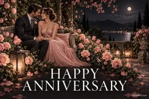 Ein Paar sitzt bei Mondschein zwischen Rosen und Laternen am See über "HAPPY ANNIVERSARY".