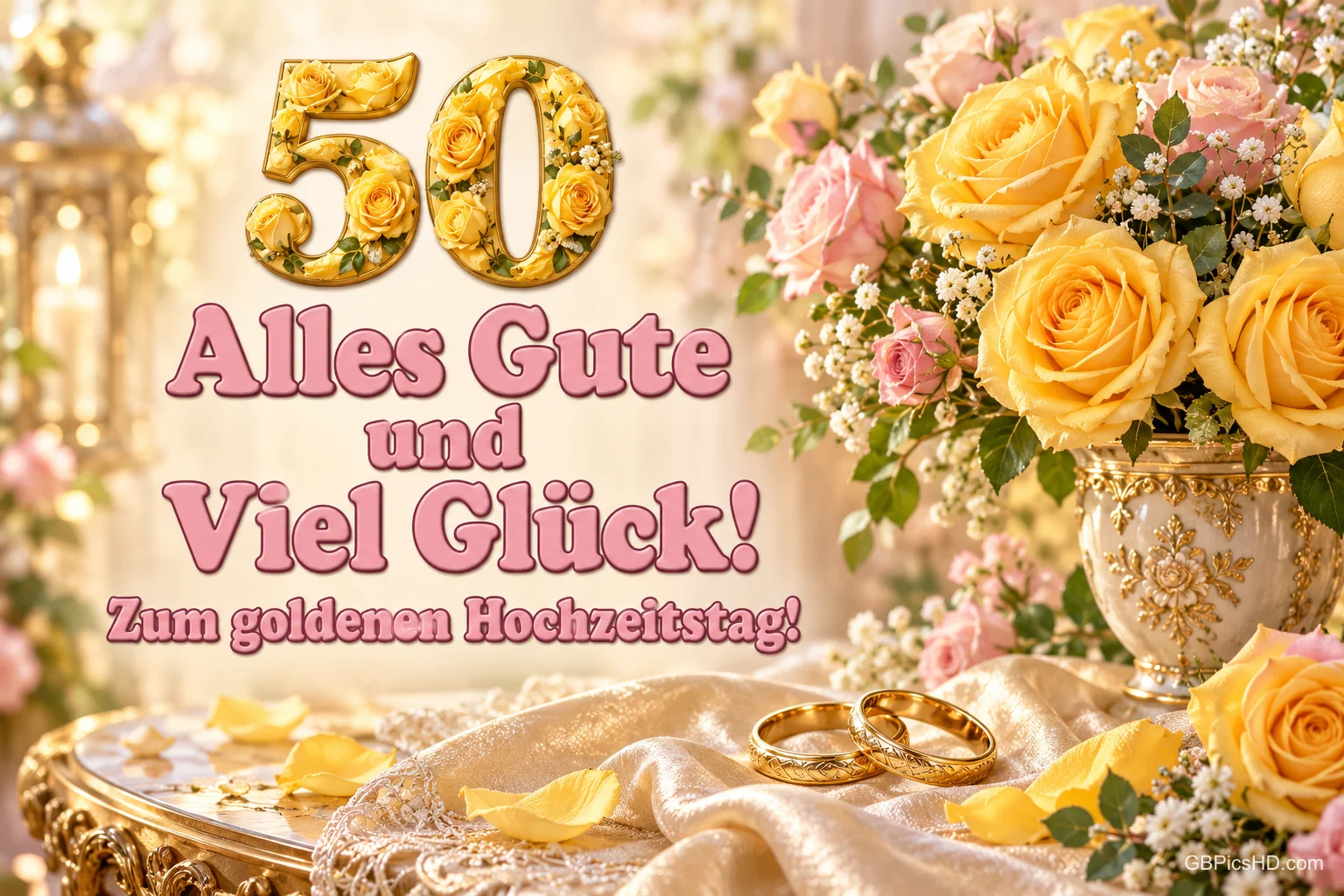Eine goldene 50, gelbe Rosen und zwei Ringe schmücken den Gruß "Zum goldenen Hochzeitstag!".