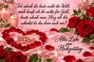 Rote Rosenblätter bilden ein Herz um zwei Ringe auf rosa Stoff neben "Alles Liebe zum Hochzeitstag".